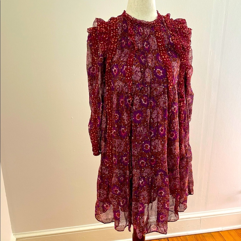 Ulla Johnson Girls Silk Lurex Dress XS - Red Floral Ruffle Boho Fall
